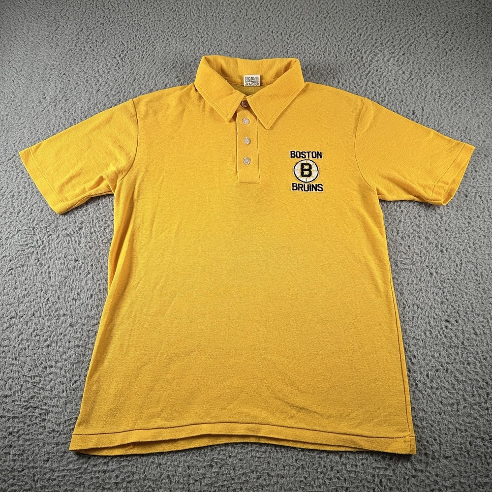 Vtg Boston Bruins Polo Shirt Mens M Yellow Short Sleeve NHL Hockey Thin USA